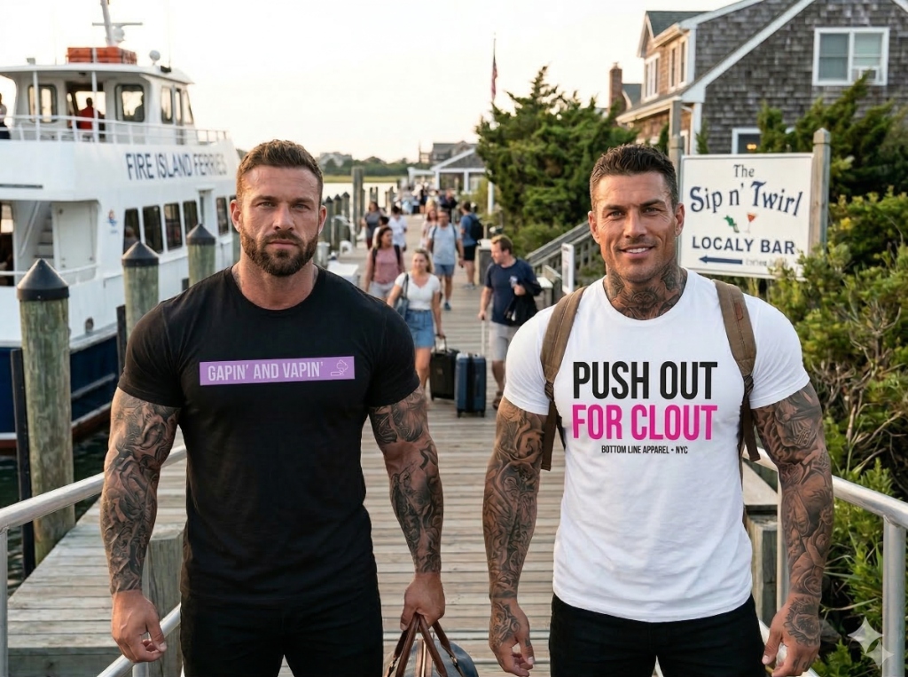 Bottom Line Apparel lifestyle — men wearing statement tees at the waterfront